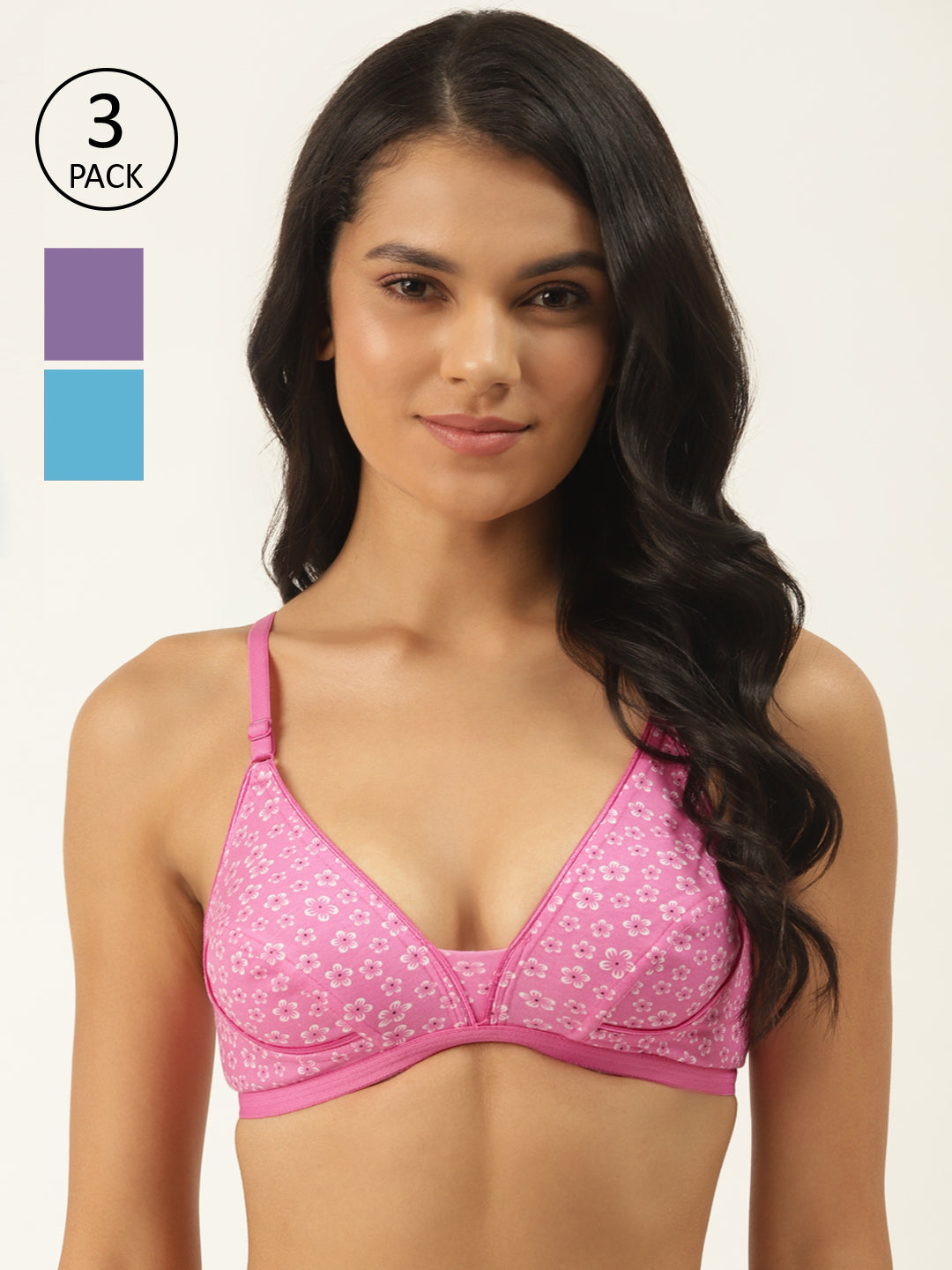 Pack of 3 Floral Print Non-Wired Non Padded Pure Cotton Everyday Bras