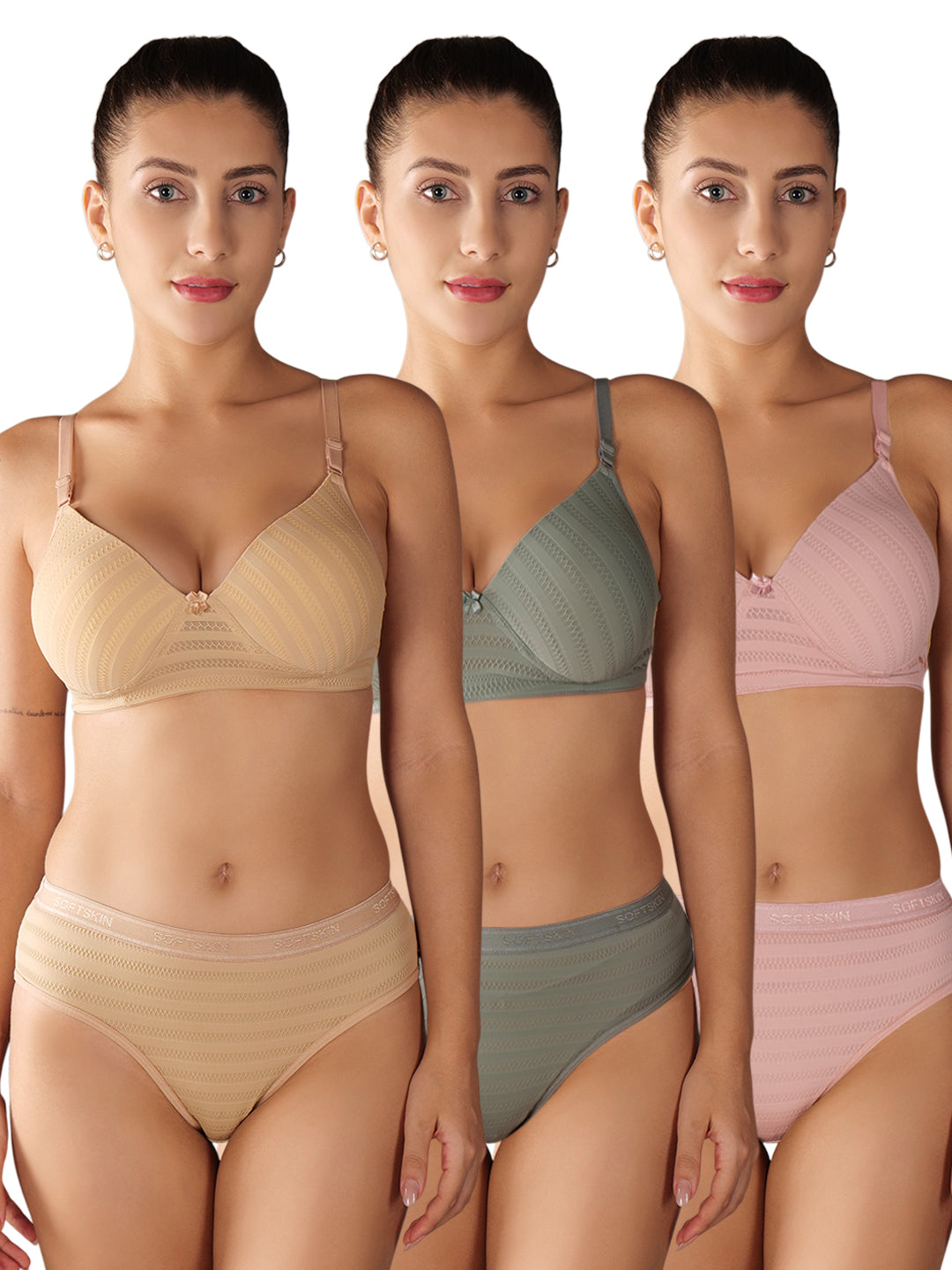 Softskin Seamless Padded Self Design Nylon Spandex Lingerie Set
