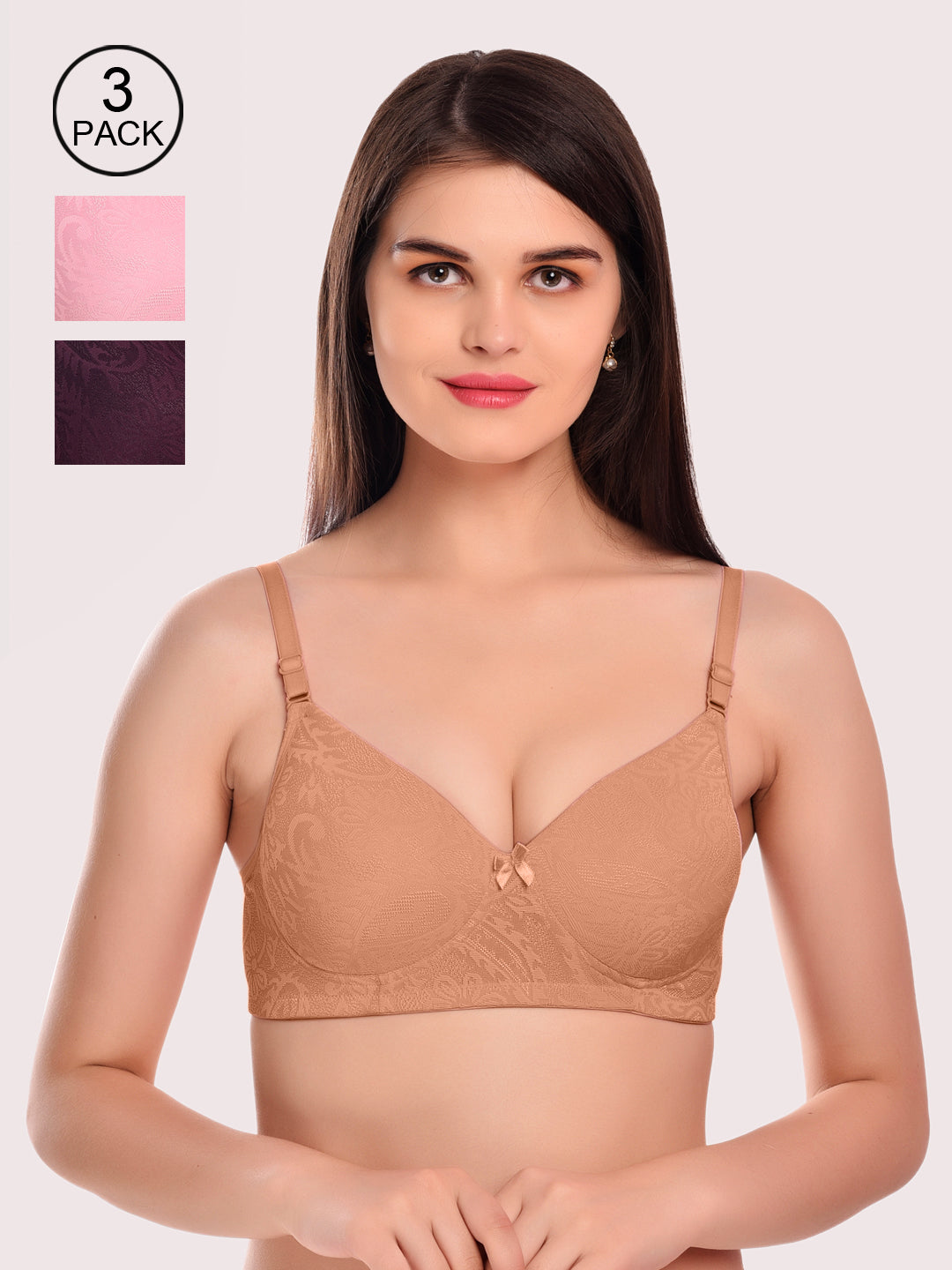 Pack Of 3 Lace Non-Wired Heavily Padded All Day Comfort Seamless T-Shirt Bra