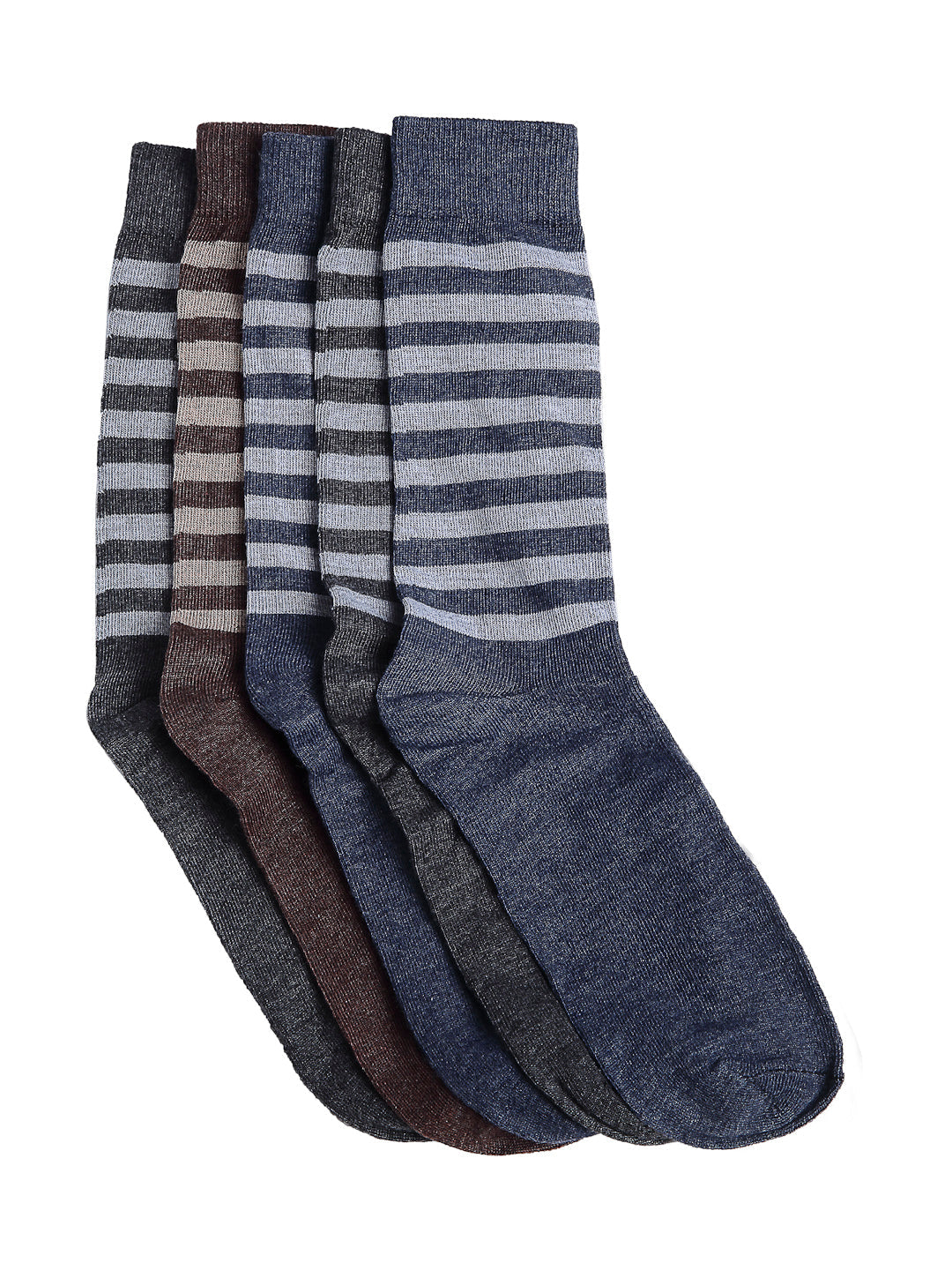 Texlon Men's Woolen Calf Length Striped Thick Winter Wear Socks (Multicolor, Free Size) - Pack of 5 Pairs