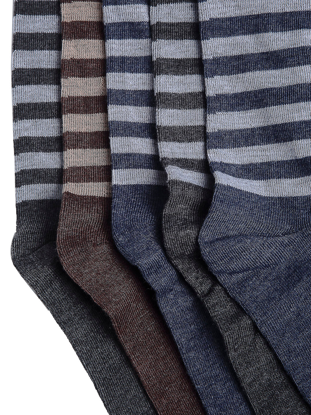 Texlon Men's Woolen Calf Length Striped Thick Winter Wear Socks (Multicolor, Free Size) - Pack of 5 Pairs