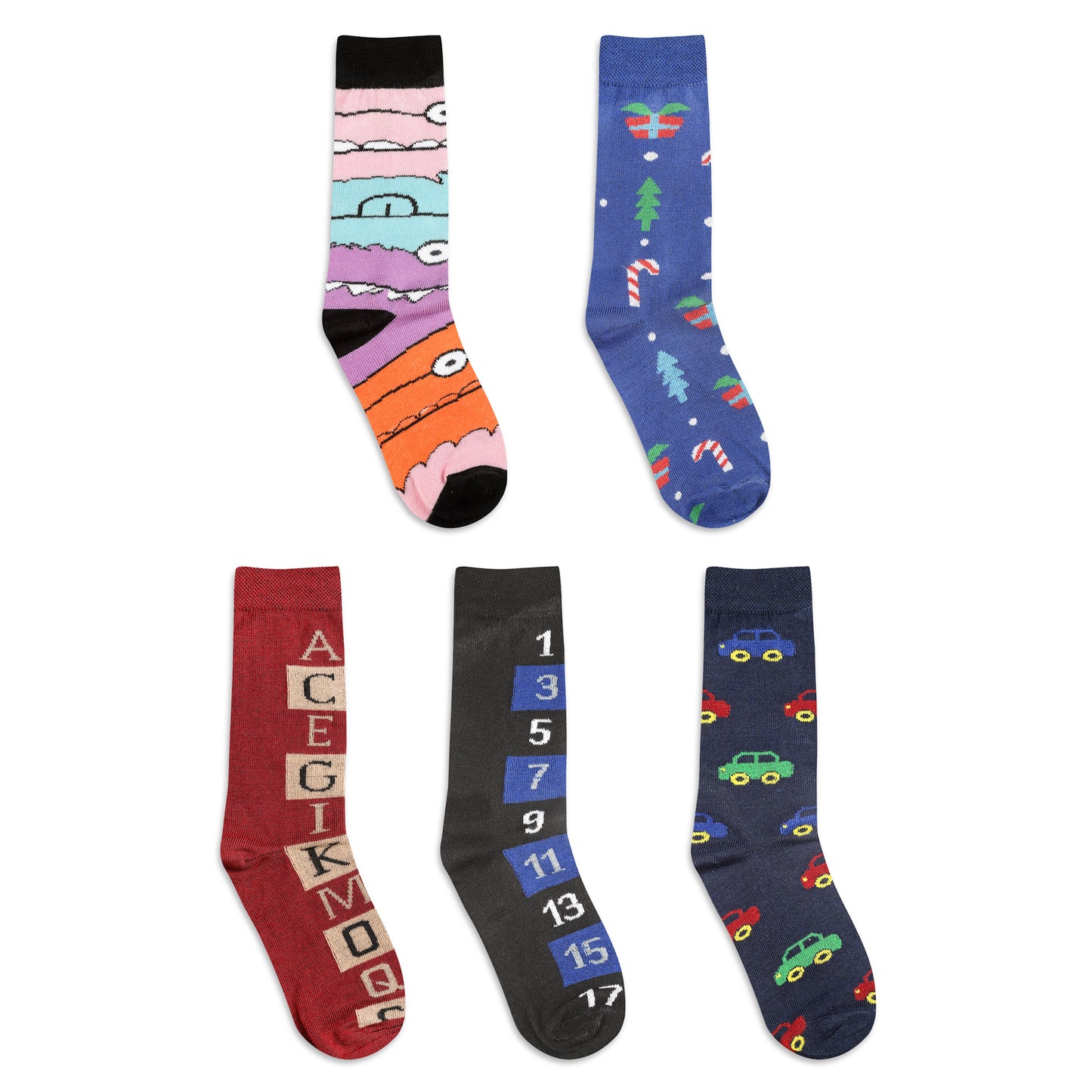 Texlon Calf Length Cotton Blended Spandex Multi design Multicolor Socks For Kids Boys/Girls Pack of 5