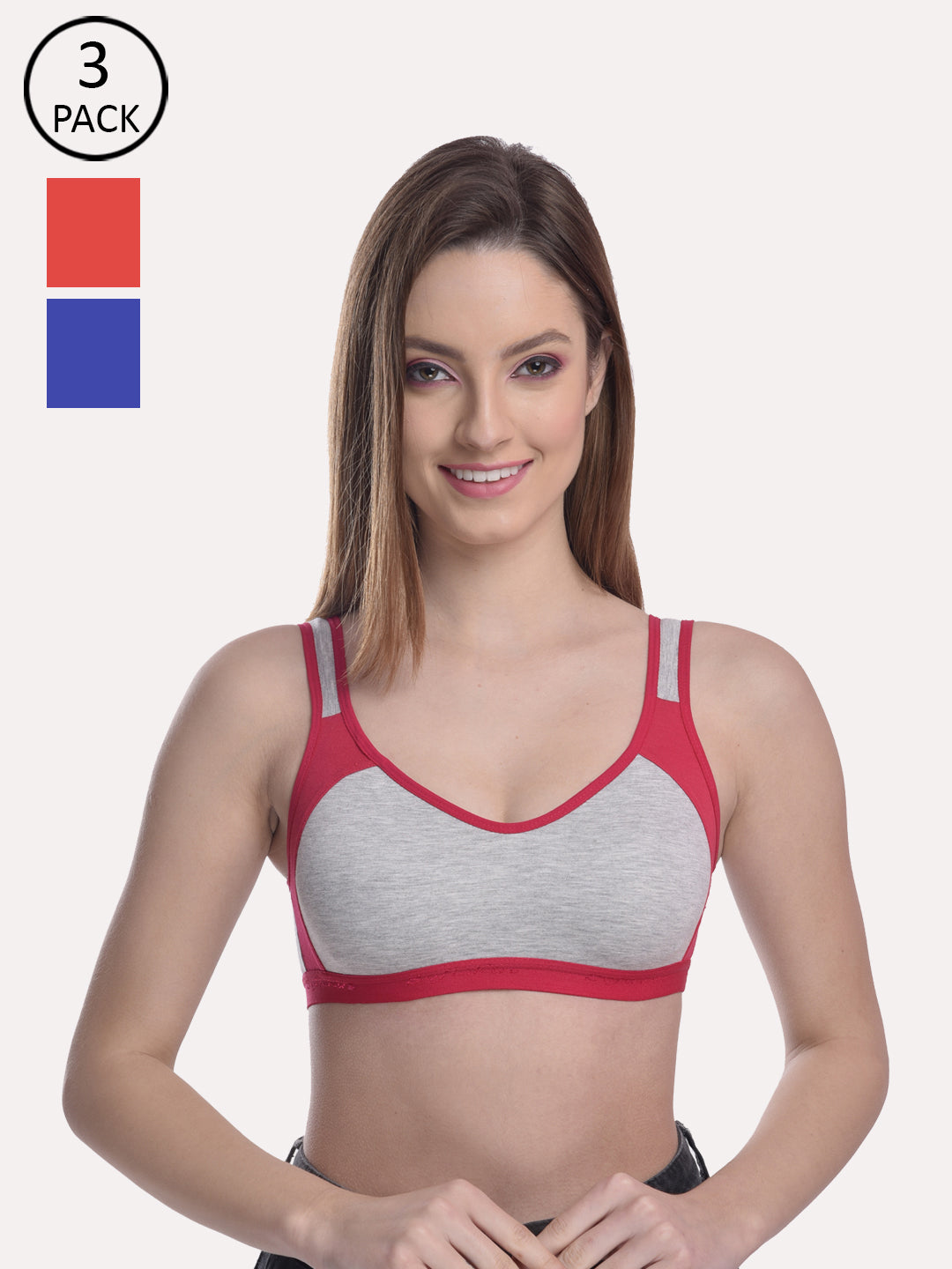 Grey & Red Pack Of 3 Colourblocked Non Padded Non Wired Bra