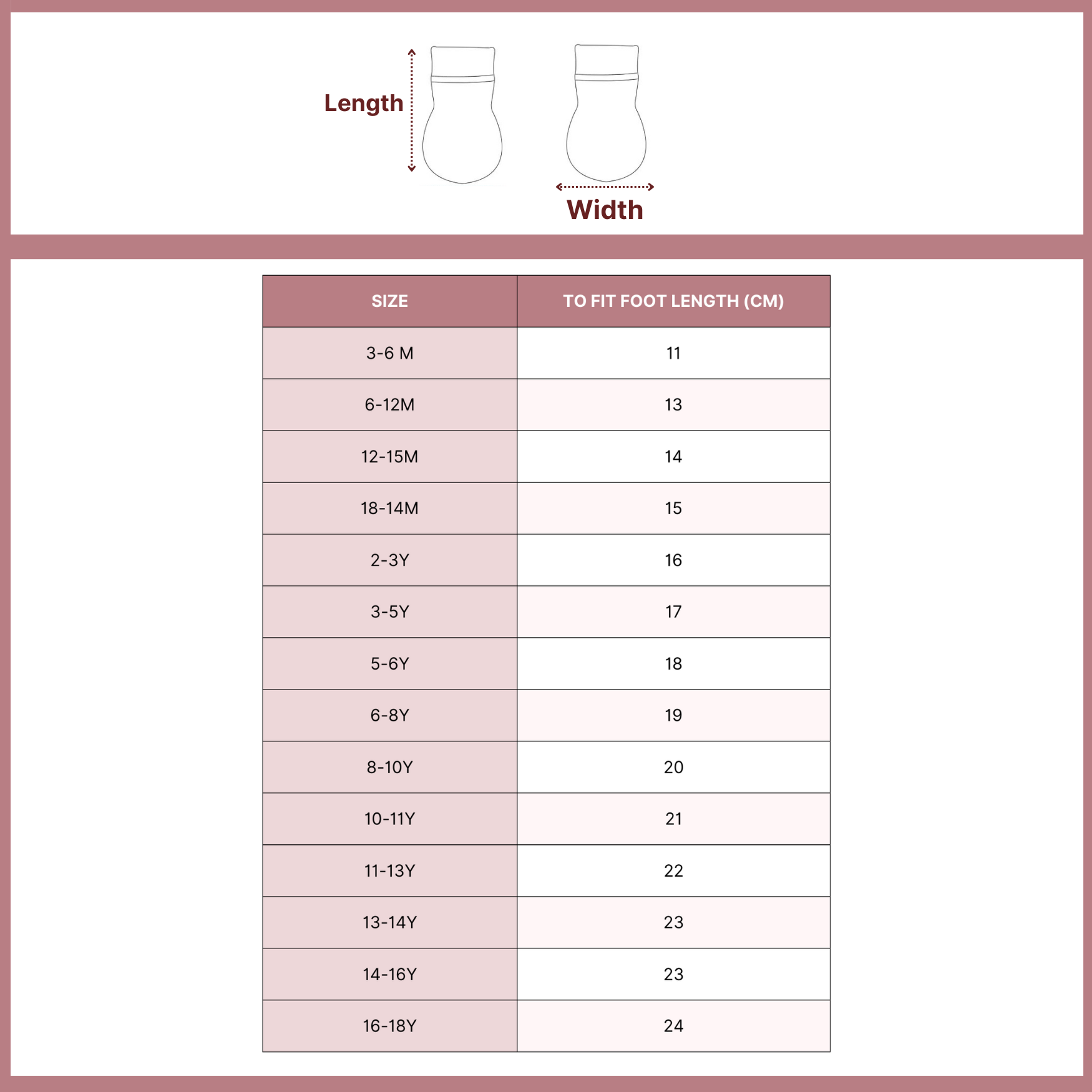 Size chart for All Kids Socks