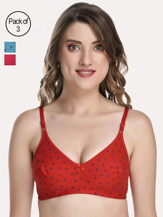 Women Red & Pink Pack Of 3 Floral Cotton Bra