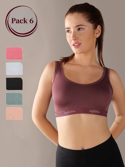 Softskin Pack of 6 Womens Nylon Spandex Non Padded Sports Bra